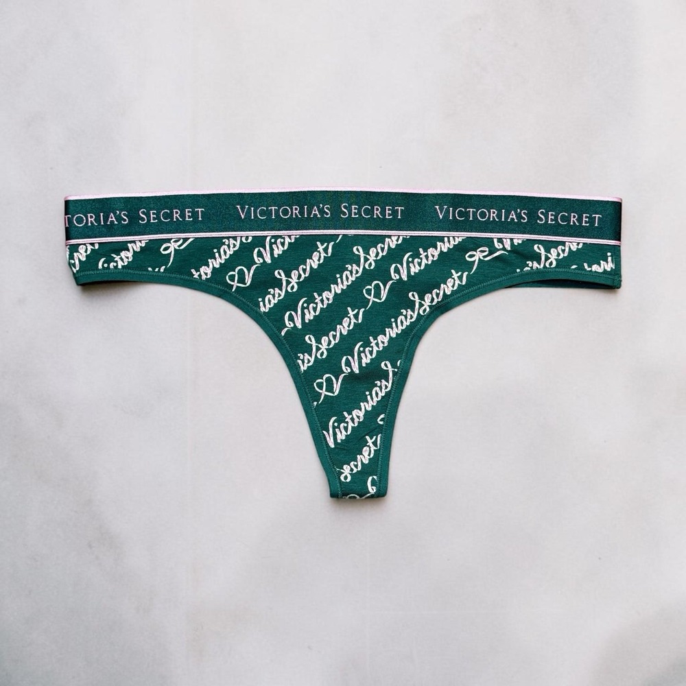 Victoria's Secret NWT Womens M Green Pink Logo Thong Panties Cotton Underwear